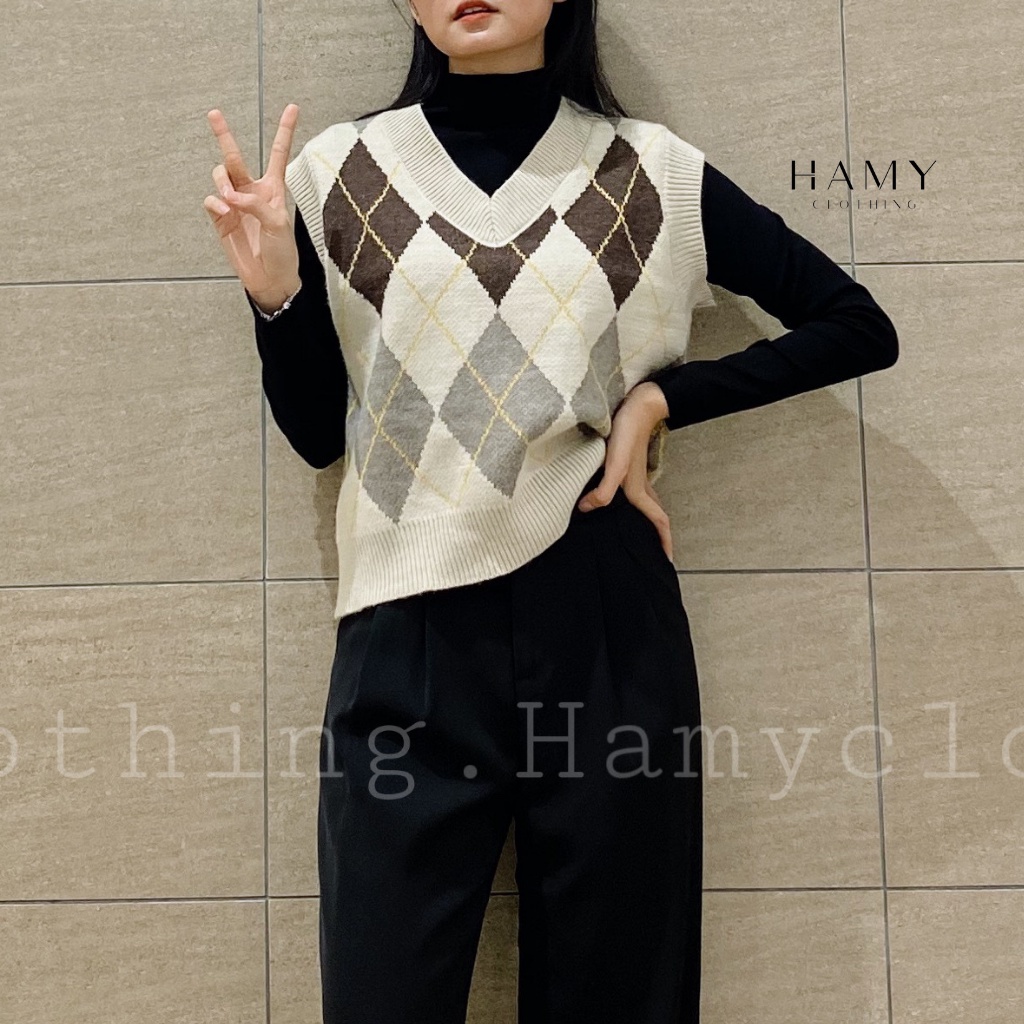Áo Gile HaMy trám nhỏ vải len kiểu dáng trẻ trung màu be A-13