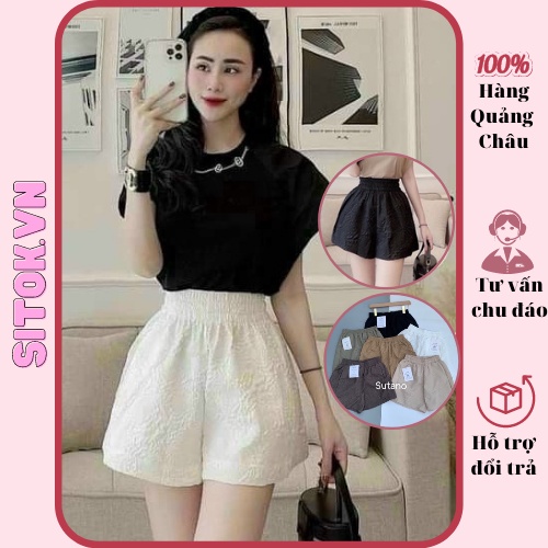 Quần short nữ ống rộng cạp cao lưng thun, quần đùi nữ xốp hoa nổi phối áo siêu xinh ( ảnh thật từ ảnh thứ 4)