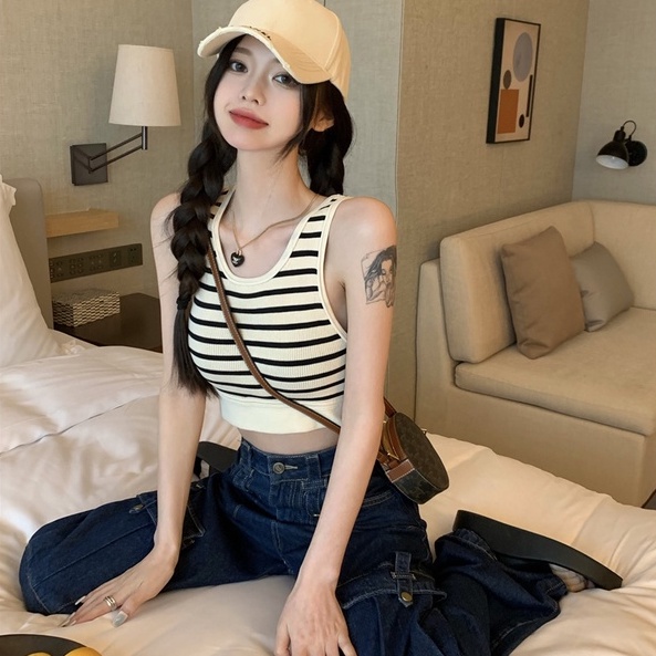 【ZHELIHANGFEI】Áo Dệt Kim Sát Nách Lưng Cao Họa Tiết Kẻ Sọc Phong Cách Quyến Rũ