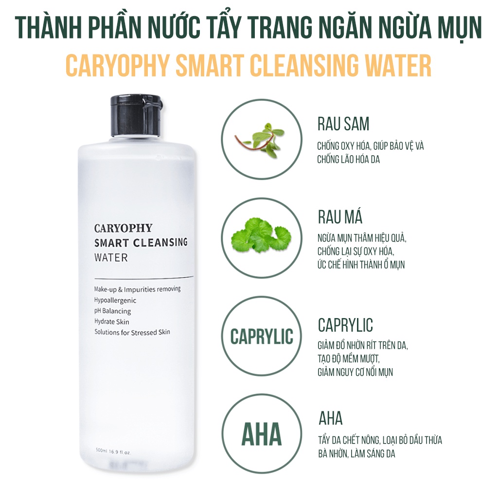 Nước tẩy trang làm sạch da ngăn ngừa mụn Caryophy Smart Cleansing Water (300ml 500ml)