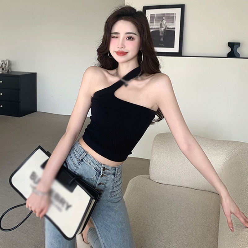 Áo Croptop Hai Dây Hở Vai Màu Sắc Trơn Có Đệm Ngực Phong Cách Hàn Quốc Dành Cho Nữ