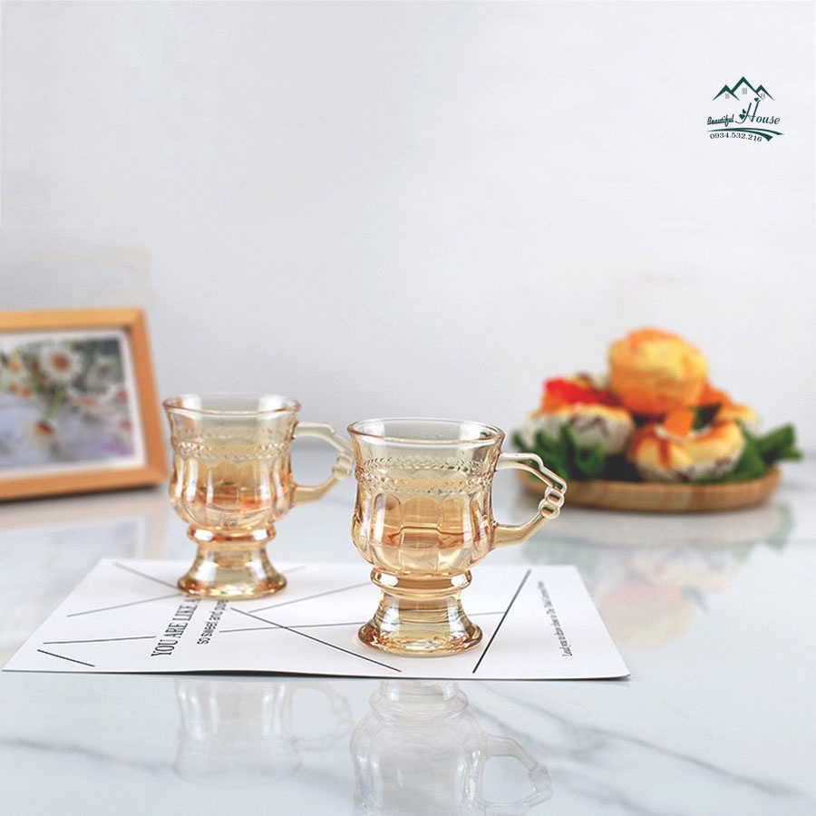 Ly Thuỷ Tinh Vintage Độc Lạ, Dễ Thương Phong Cách Châu Âu, Uống Trà, Cà Phê- Có Quai C06