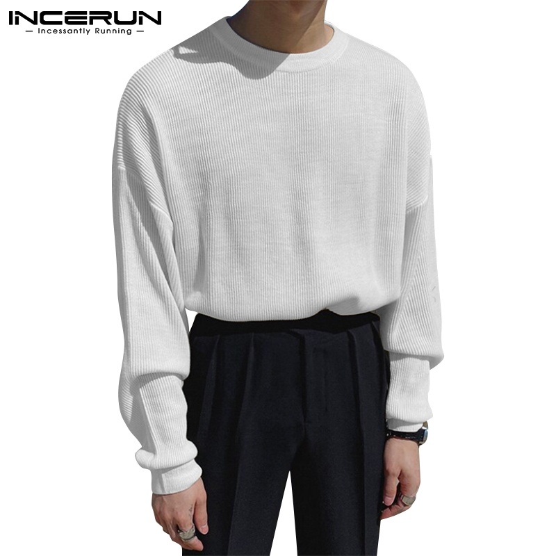Áo thun chui đầu INCERUN tay dài màu trơn cổ tròn thường ngày cho nam