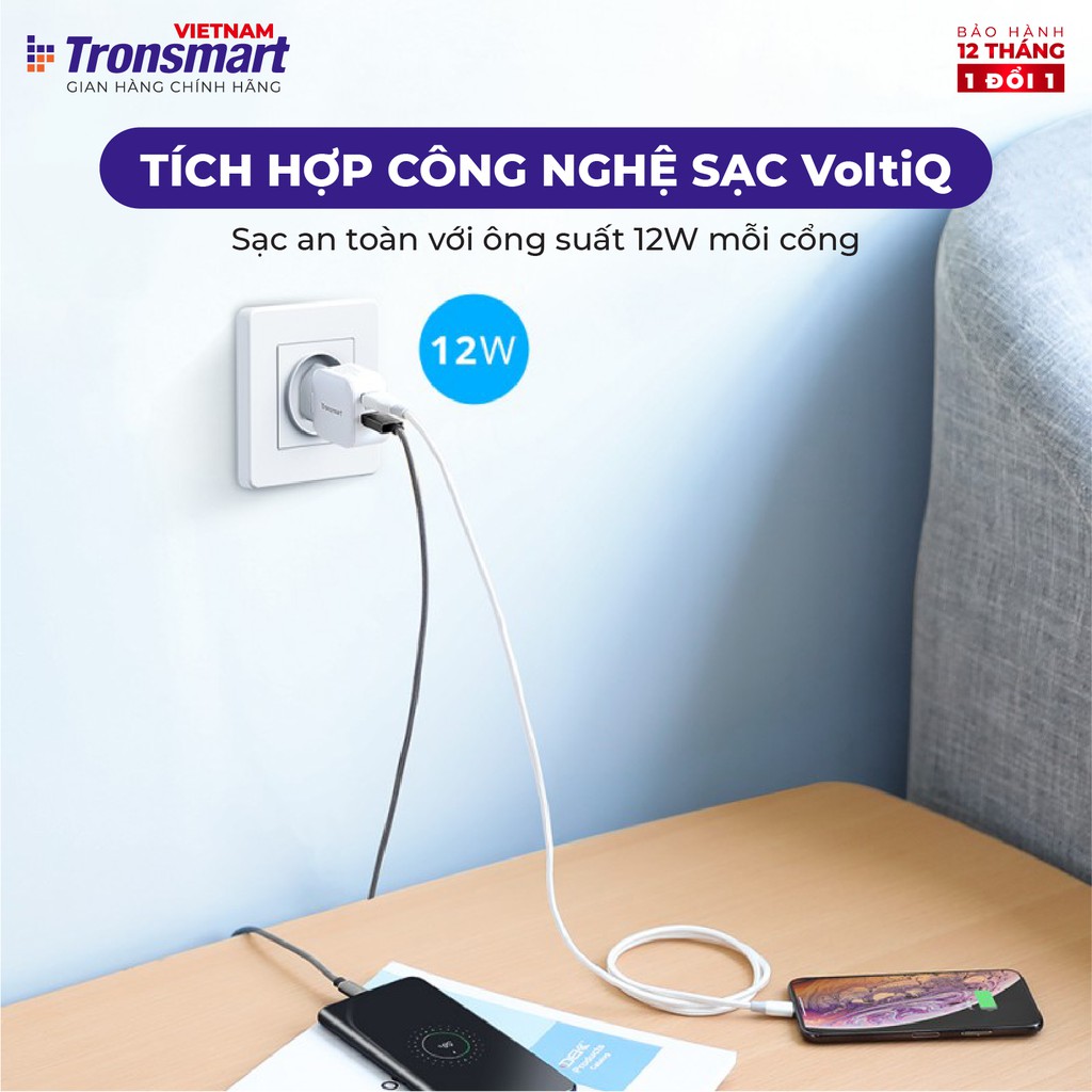 Củ sạc 2 cổng USB Tronsmart W02 công nghệ VoliQ 12W dòng 2.4A - Hàng chính hãng - Bảo hành 12 tháng 1 đổi 1