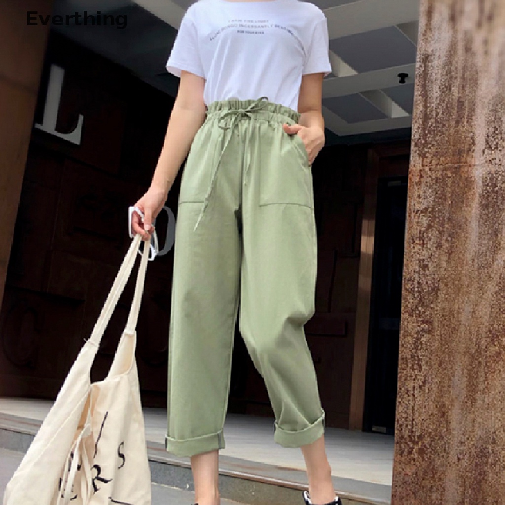 Quần ống rộng lưng thun bằng vải lanh cotton<br />