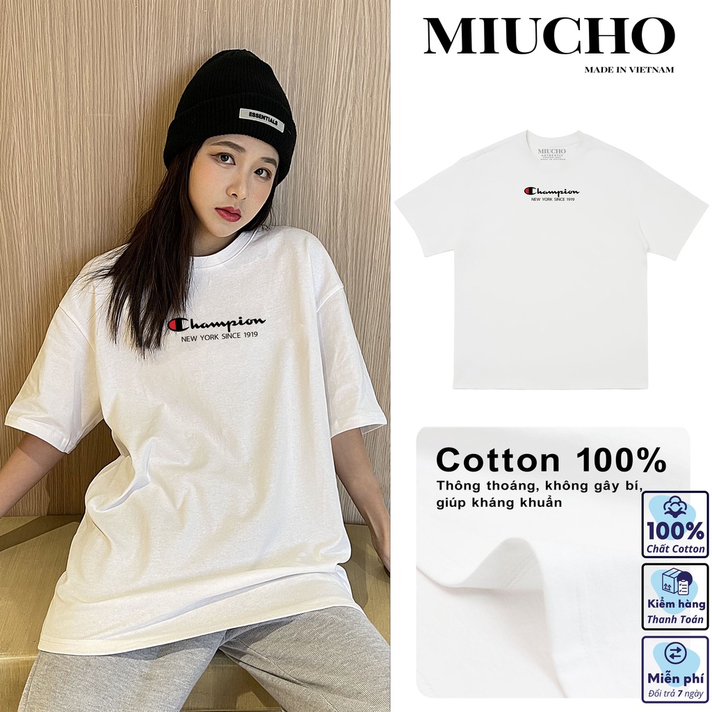 Áo phông nữ form rộng tay lỡ unisex chất vải cotton AT084 Miucho in logo