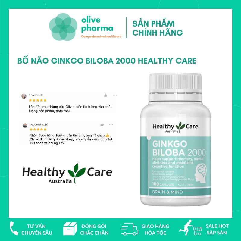 Viên Uống Bổ Não Healthy Care Ginkgo Biloba 2000 Úc  100 viên Mẫu Mới Date Xa - Hỗ Trợ Lưu Thông Tuần Hoàn Máu Não