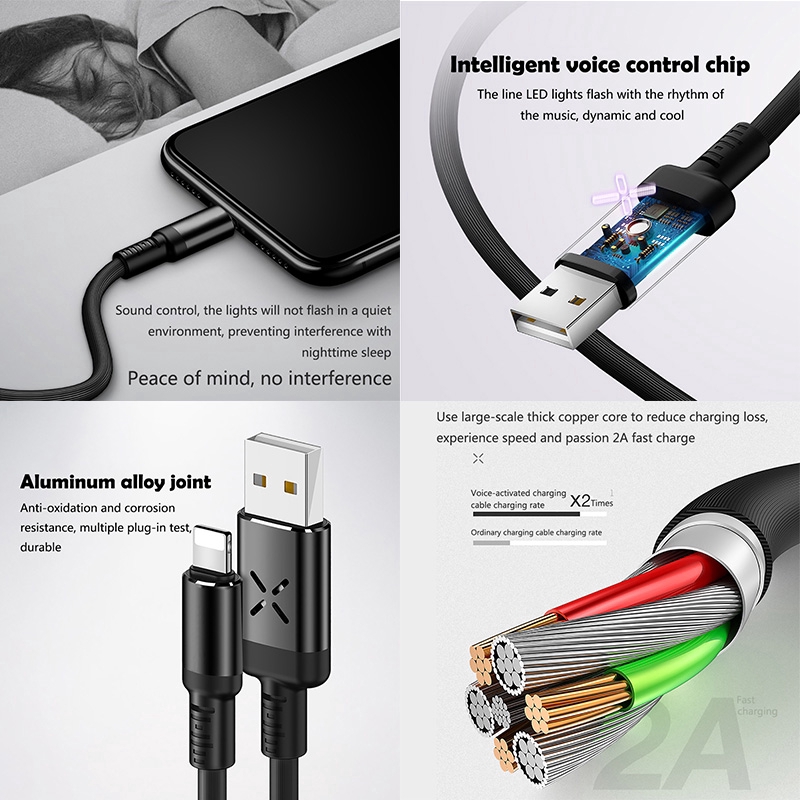 Cáp Sạc LED Sound Control Flash Micro USB Lightning Type C Music Fast Charging Cable