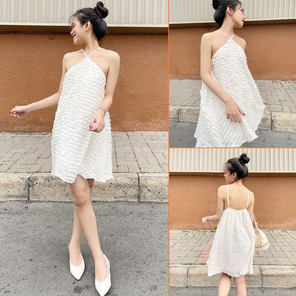 Váy hai dây nữ cổ yếm Linly Store dáng xòe chất von họa tiết V-VHD3