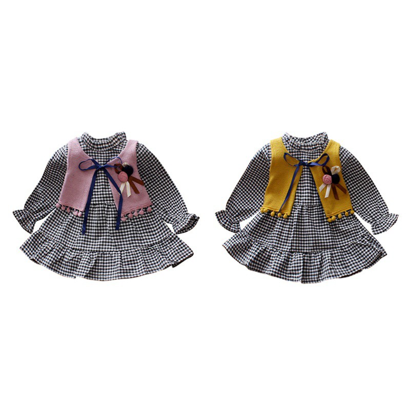 Đầm tay dài hoạ tiết sọc ca rô kèm áo khoác không tay cho bé gái