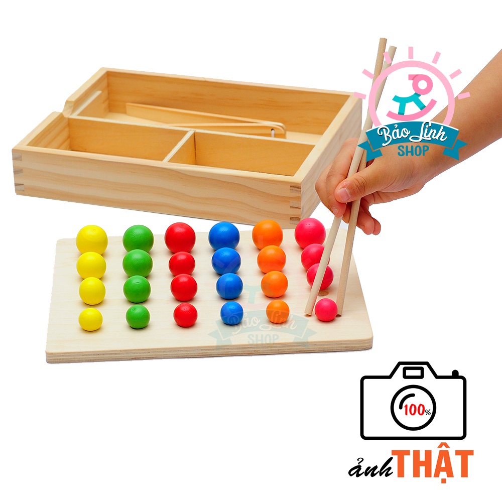 Giáo cụ Montessori 0-3 - Gắp bi gỗ cho bé tập gắp, phân loại màu sắc, to nhỏ
