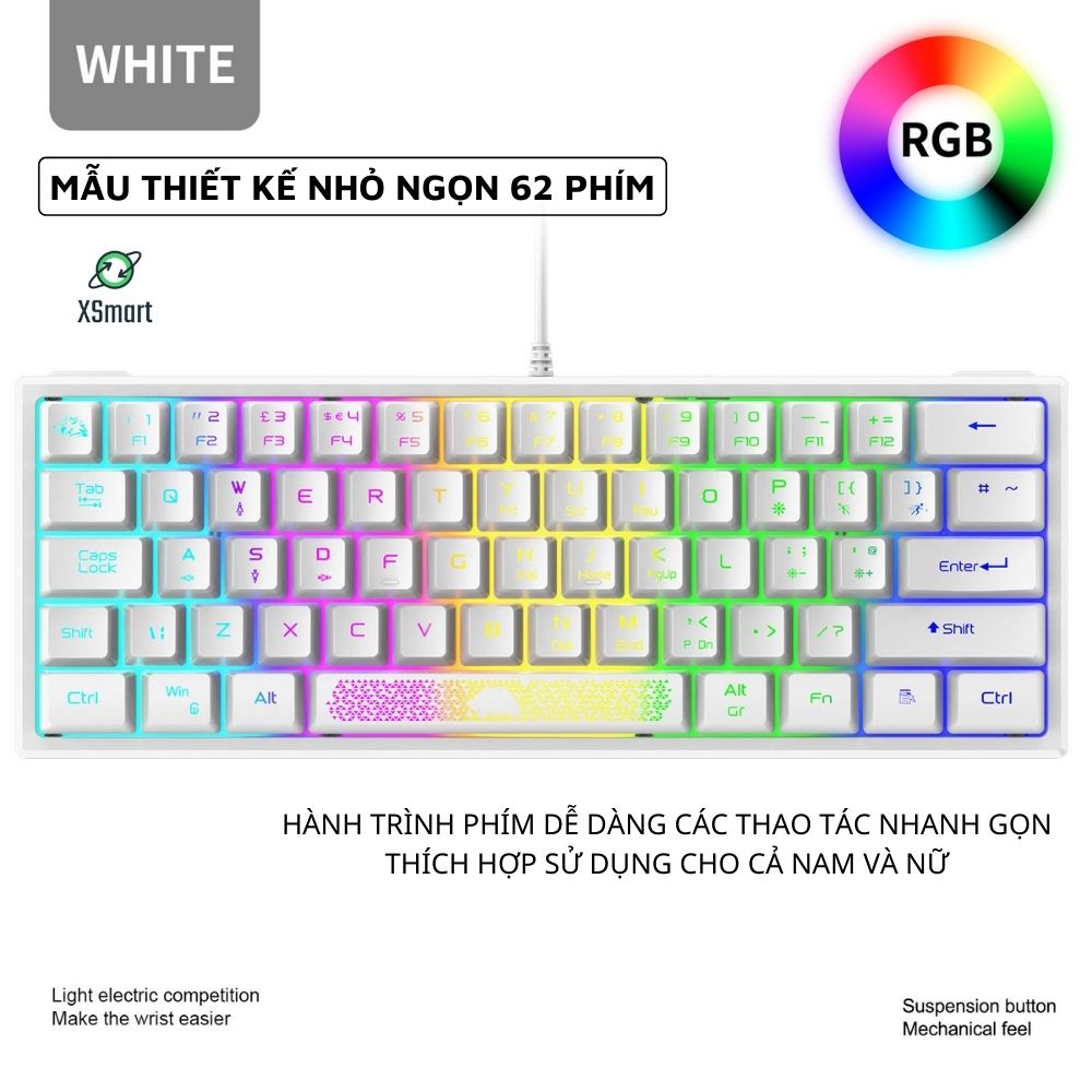 Bàn Phím Mini LED K61 Gaming Full 10 Chế Độ Nháy, Phím Bấm Siêu Êm, 62 Phím, Dùng Cho Máy Tính, Laptop, PC