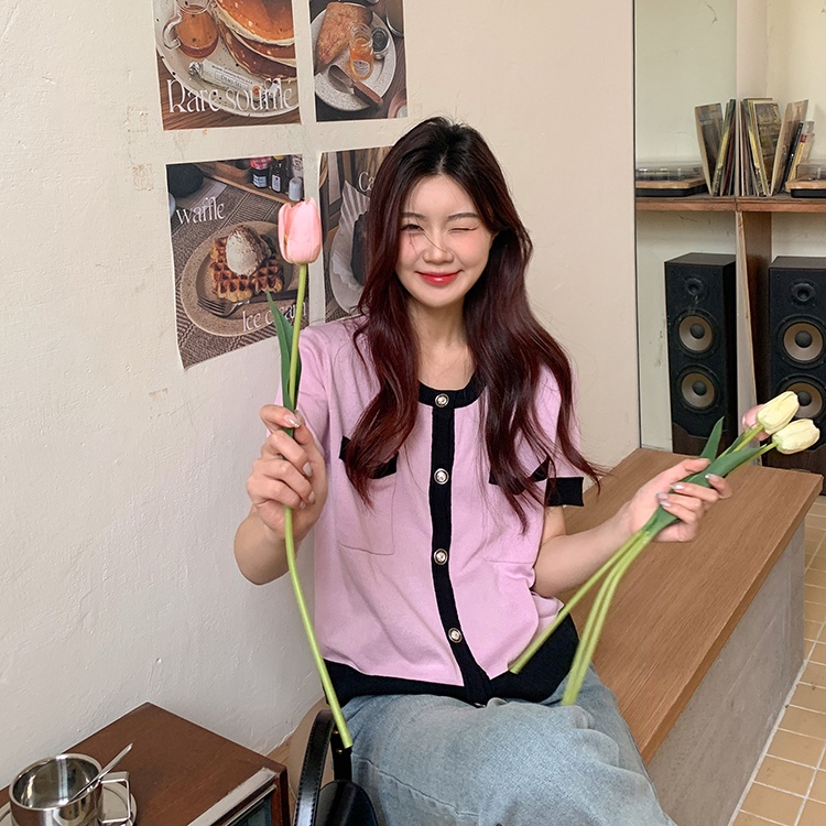 Áo Cardigan Dệt Kim Ngắn Tay Phối Màu Sắc Trẻ Trung 51916