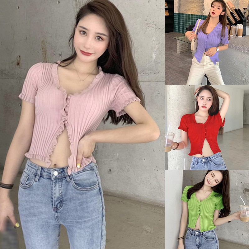 Áo Croptop Dệt Kim Tay Ngắn Phối Nút Thiết Kế Cổ Chữ V Nữ Tính