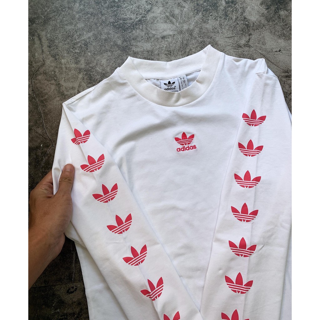 (HÀNG XUẤT XỊN) Áo das trắng tay dài 1733 REPEAT TREFOIL LS TEE WHITE/PINK Made in Cambodia full tag code  SIZE S M L