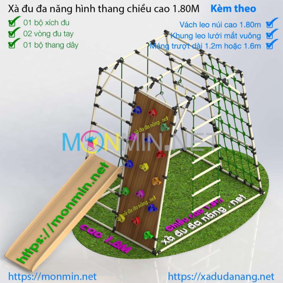 Xà đu đa năng Monmin_Khung vận động cho bé_Hình hộp thang cân_Bộ cao 1.6m: 1+2+4+5+12+14+16