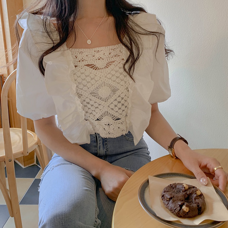 DUNEA Áo Ren Tay Phồng Cổ Vuông Quyến Rũ Thời Trang Cho Nữ