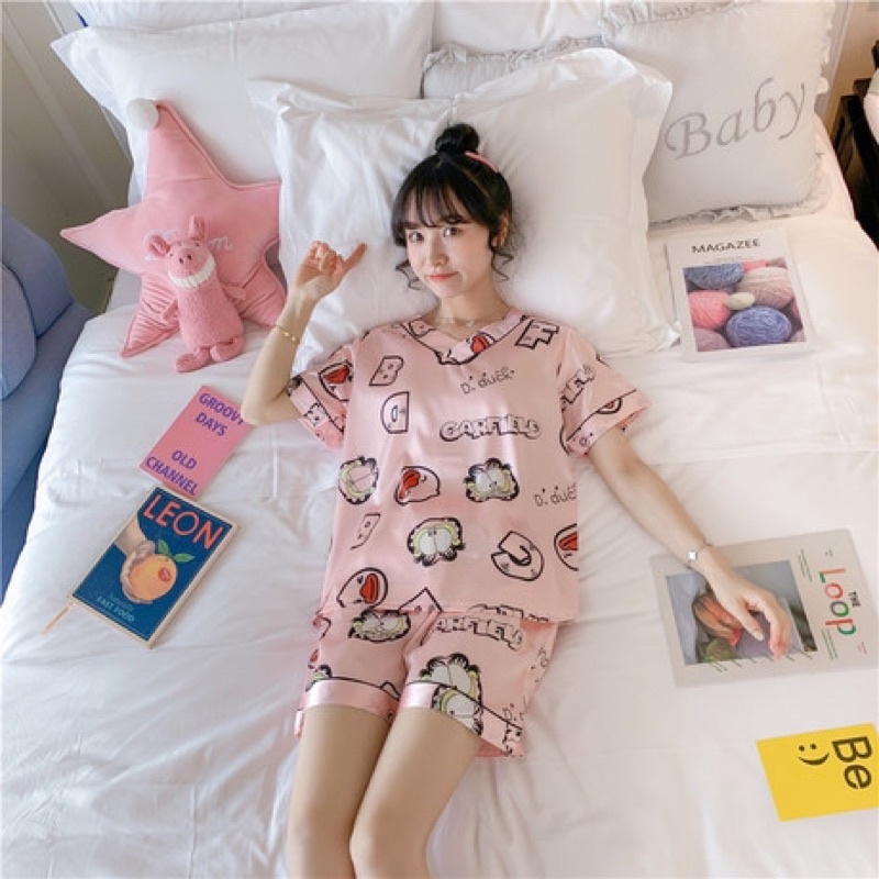 bộ pijama short mặc nhà big size nền hồng cổ tim mèo gà size đại 70-90kg