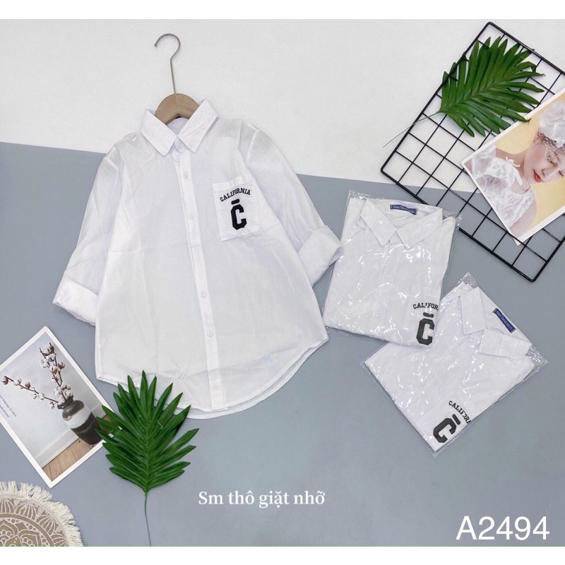 Áo sơ mi trắng vải thô logo thêu (form rộng 65kg) A2494