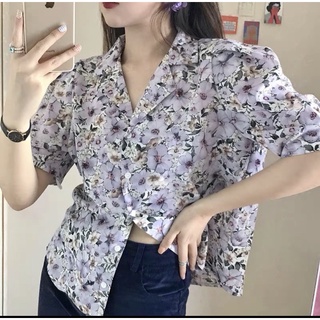 Áo kiểu vintage hoa tím tay bồng (hình thật)