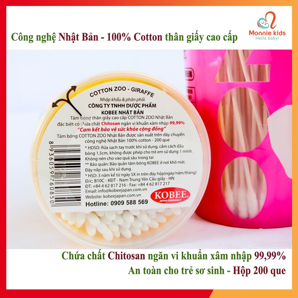 Tăm bông kháng khuẩn cho bé Kobee Zoo 200c, tăm bông cotton Nhật an toàn cho bé - Monnie Kids