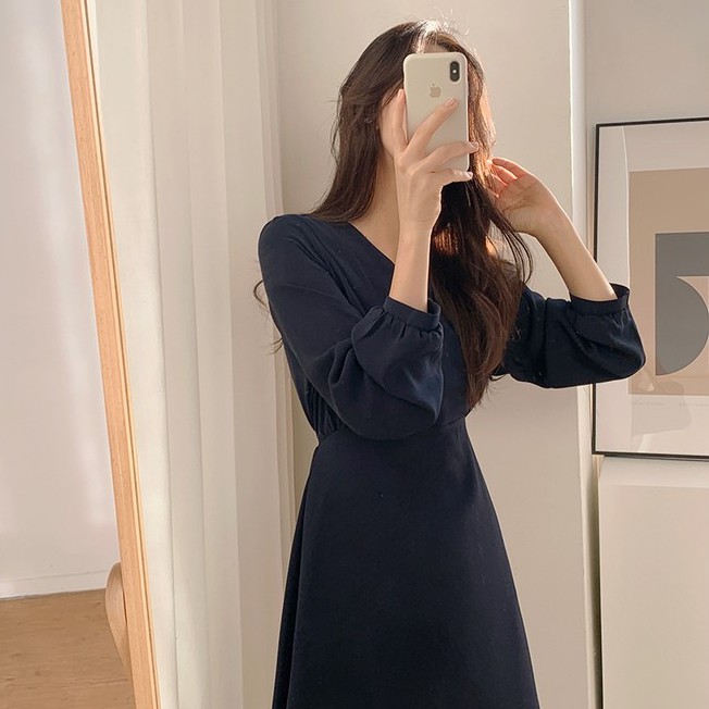 Đầm tay dài cổ chữ V xinh xắn cho nữ 39078