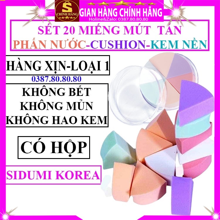 Set 20 Miếng bông mút trang điểm tam giác tán đánh cushion phấn nước kem nền bb chính hãng Sidumi hàn quốc mini to dày