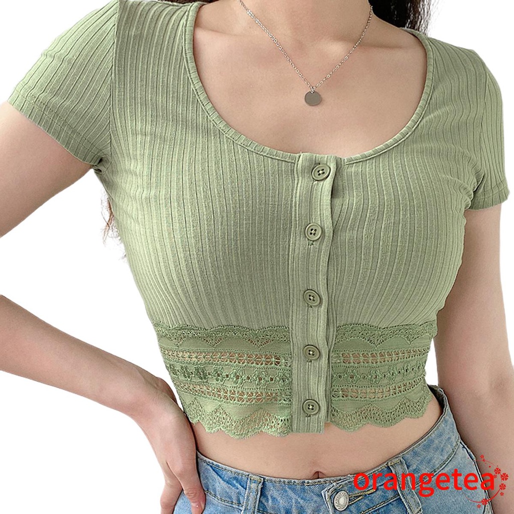 Áo Croptop tay ngắn phối ren hoa màu trơn duyên dáng cho nữ