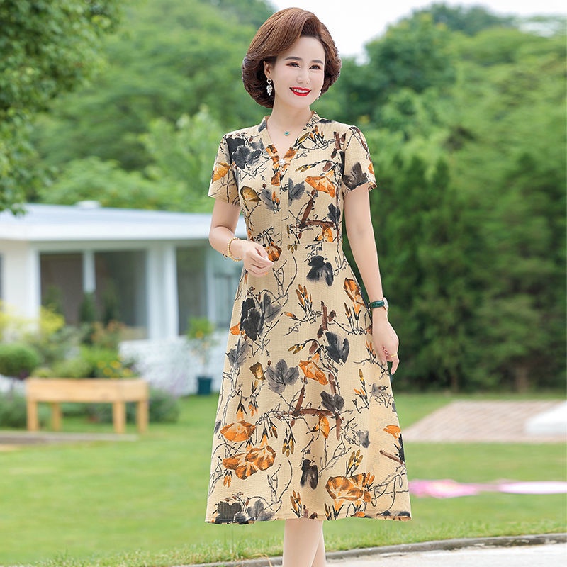 Váy ngắn tay in họa tiết mùa hè cho mẹ, váy cổ chữ V dài cho phụ nữ trung niên và cao tuổi