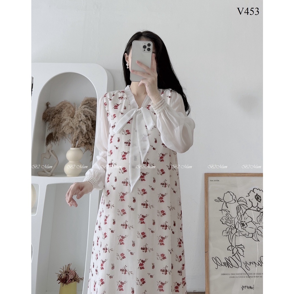 V453 Váy Bầu Thiết Kế thời trang đẹp hoa trắng nơ cổ bo tay kiểu dángCông Sở B2Mum
