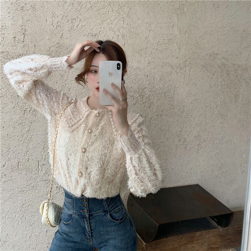 Áo sơ mi ren nữ búp bê cổ áo thiết kế , áo sơ mi dài tay mỏng mùa xuân 2021 - Có ảnh thật