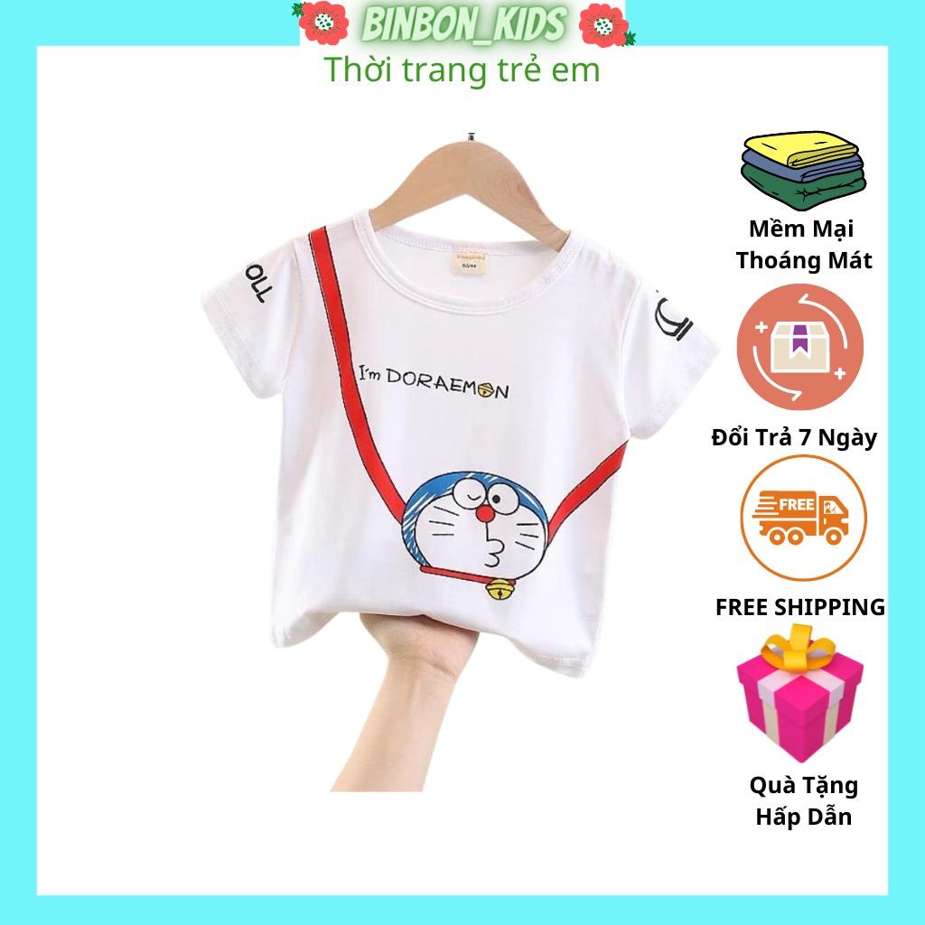 Áo cộc tay bé trai,Áo Phông Bé trai và gái In Hình khủng long và doremon Chất Cotton Cao Cấp cho bé cực yêu từ 6-24kg