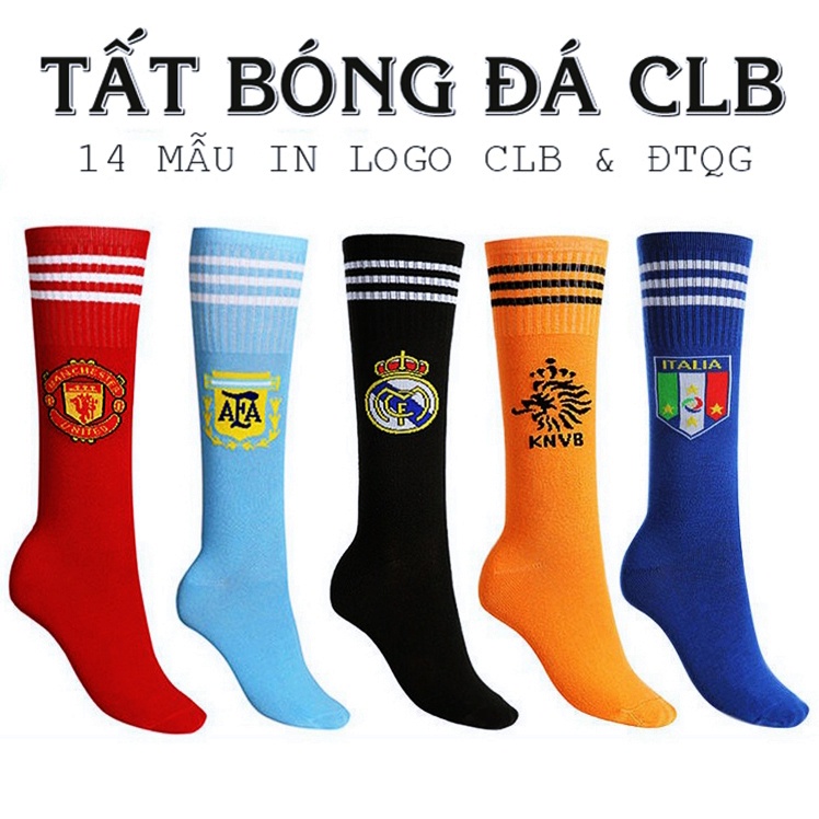 Tất CLB Vớ Đá Bóng Cổ Cao Co Giãn Chống Trơn Trượt Cho Trẻ Em &amp; Người Lớn Logo CLB Real, Barca, Manchester, Juventus