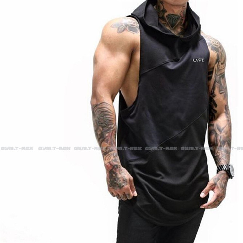 Áo tanktop tập gym nam LVFT có mũ SP098, Áo ba lỗ gym thun co dãn 4 chiều [Gym T-Rex]