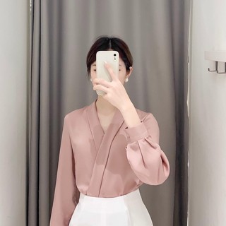 áo sơ mi nữ kiểu công sở - áo sơ mi lụa cổ v chéo tay dài cúc ngọc
