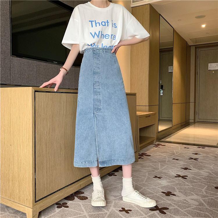 Xiaozhainv chân váy jean Chữ A Lưng Cao Xẻ Tà Phong Cách Retro Hàn Quốc | BigBuy360 - bigbuy360.vn