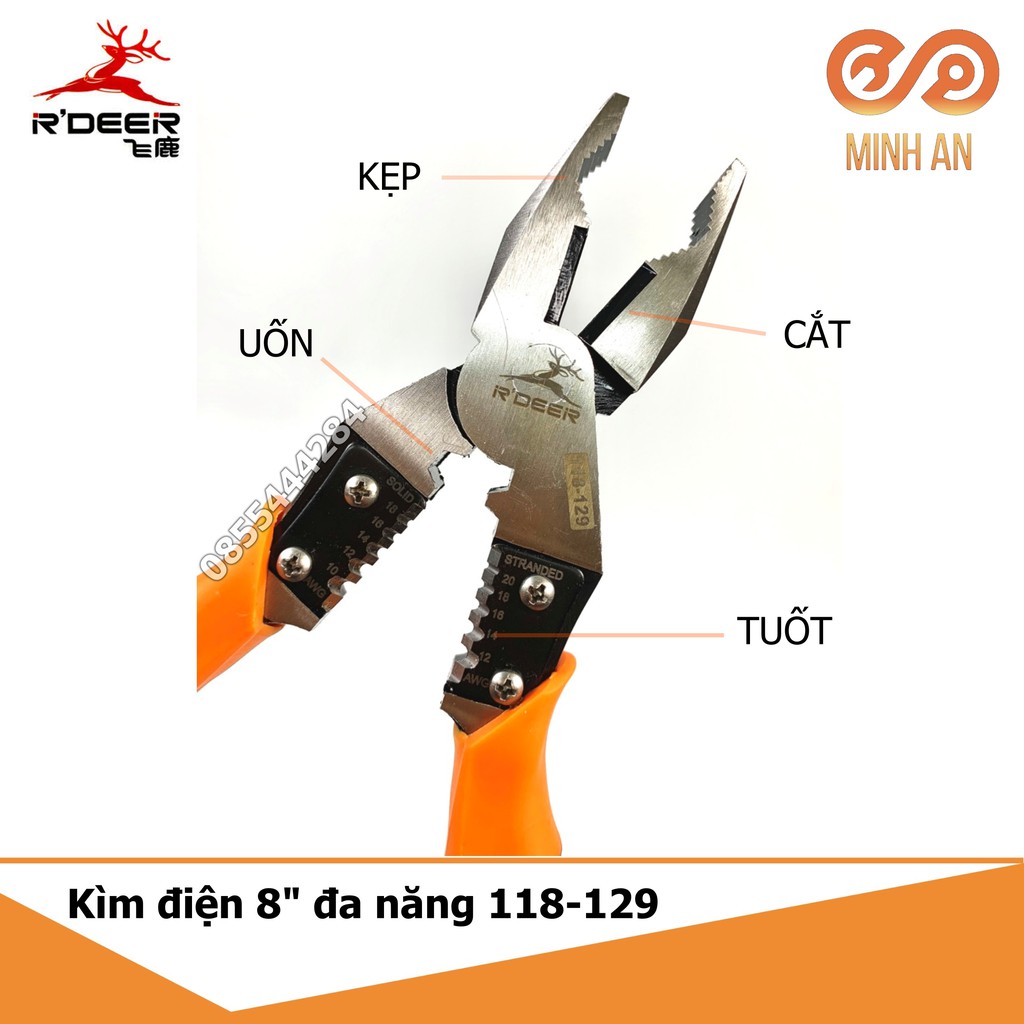 Kìm điện đa năng cao cấp 4 trong 1 [HÀNG CHÍNH HÃNG] R'DEER 118-129 9inch/225mm (Kẹp-Cắt-Uốn-Tuốt dây)