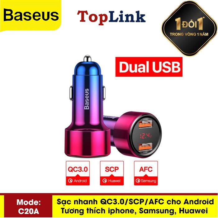 Tẩu Sạc Ô Tô Xe Hơi Baseus Sạc Nhanh 45W Công Nghệ QC 3.0 Cổng Type C và USB A - TopLink