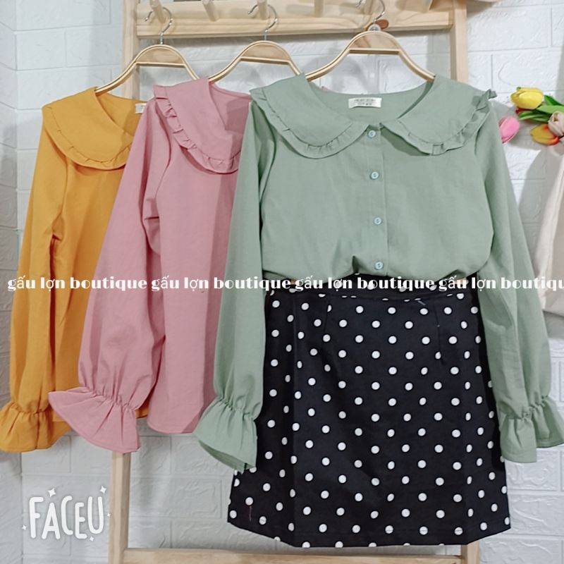 áo sơ mi dài tay cổ sen viền bèo tiểu thư ảnh thật
