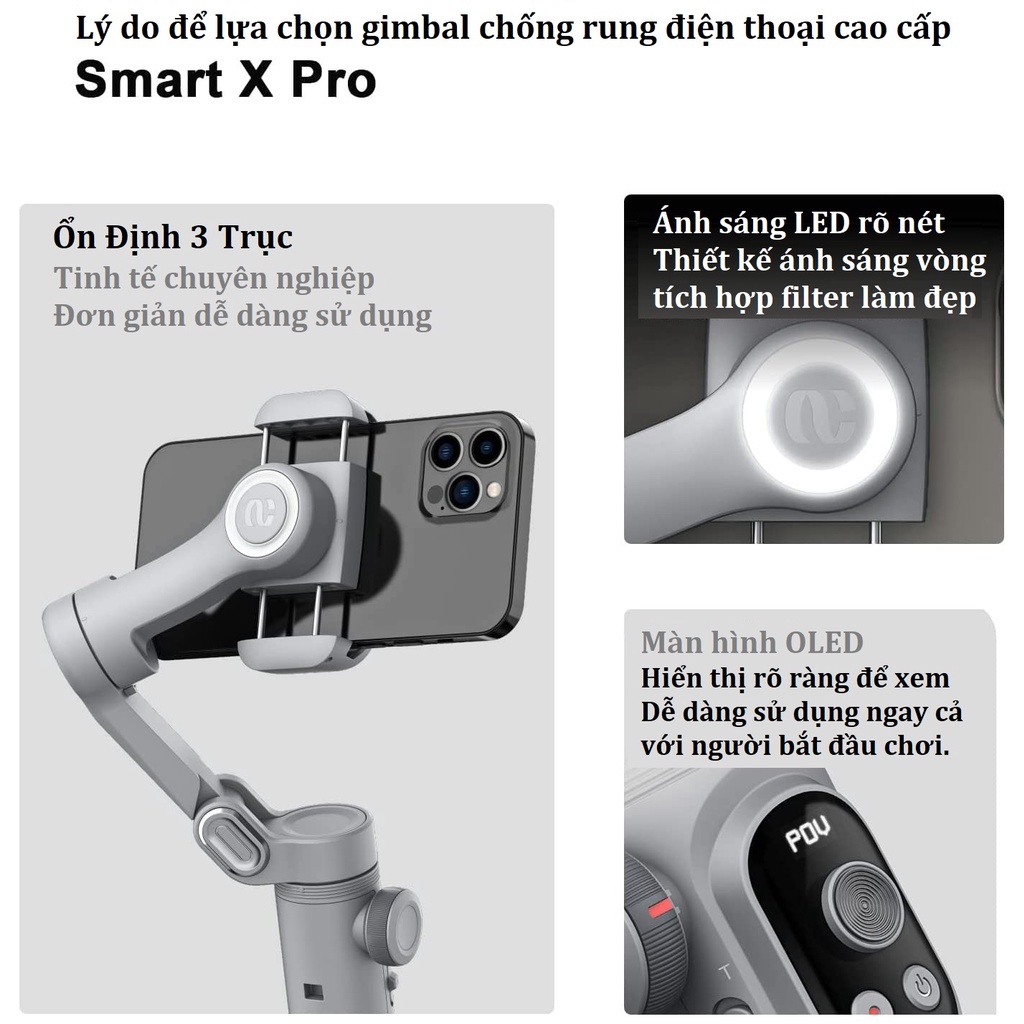 Gimbal điện thoại Smart X PRO - trang bị đèn led 3 chế độ trợ sáng, Thiết bị quay phim chuyên nghiệp cho điện thoại