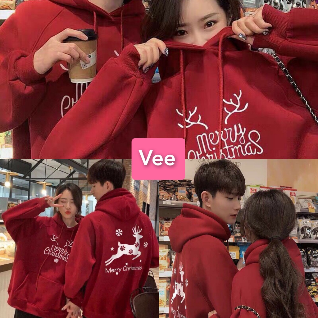 Áo nỉ tay bồng có mũ tuần lộc MERRY CHRISTMAS phom rộng unisex nam nữ/ Áo hoodie noel màu đỏ xinh xắn mặc đôi mặc nhóm