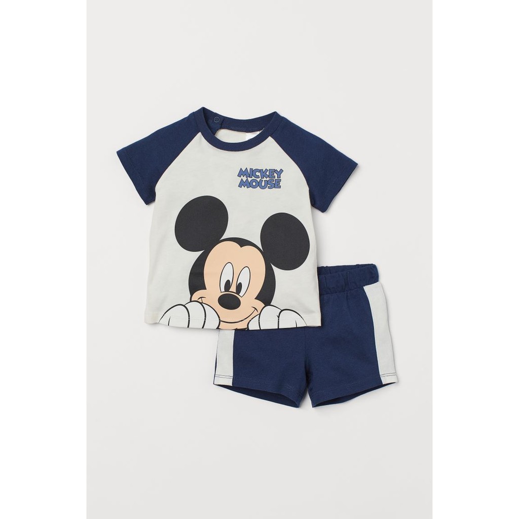 Set thun ngắn cotton bé trai, màu trắng xanh navy, in hình Mickey, Hờ mờ US săn SALE
