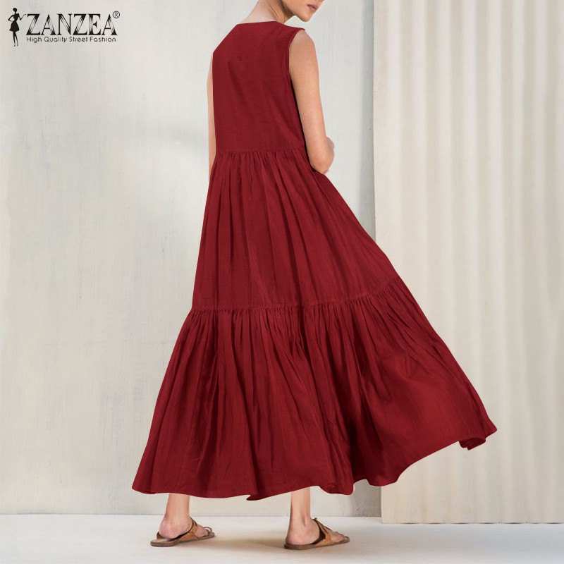 ZANZEA Đầm dài không tay màu trơn phong cách retro cho nữ | BigBuy360 - bigbuy360.vn
