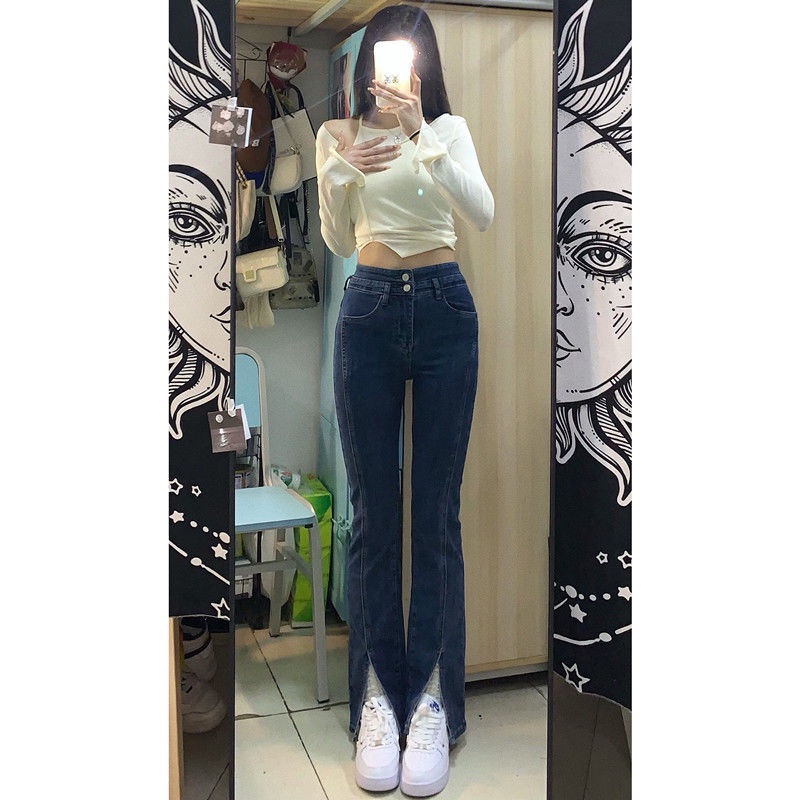 Cocory vn Quần Jeans Nữ Ống Loe Xẻ Tà Thời Trang