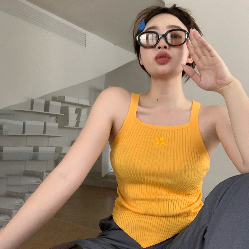 Áo Hai Dây Dệt Kim Màu Trơn Thêu Họa Tiết Thời Trang Hàn Quốc Cho Nữ