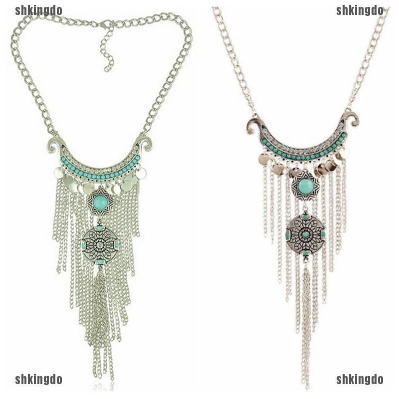 Dây chuyền đính ngọc lam phối tua rua phong cách Bohemian
