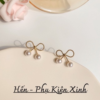 Khuyên tai nụ bạc 925 mạ vàng hình nơ xoắn đính ngọc trai nhân tạo phong cách Hàn Quốc