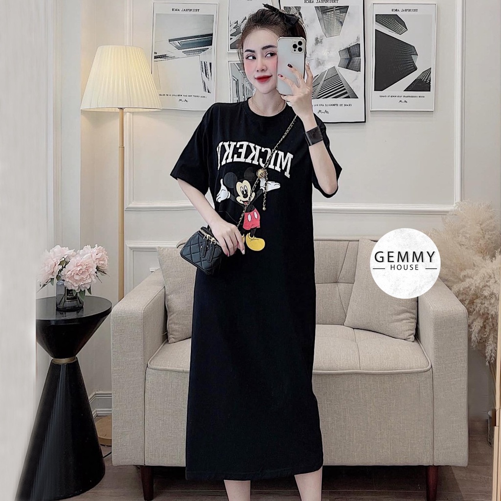 Đầm suông dài, váy suông bầu chất cotton Gemmy House in hình mickey