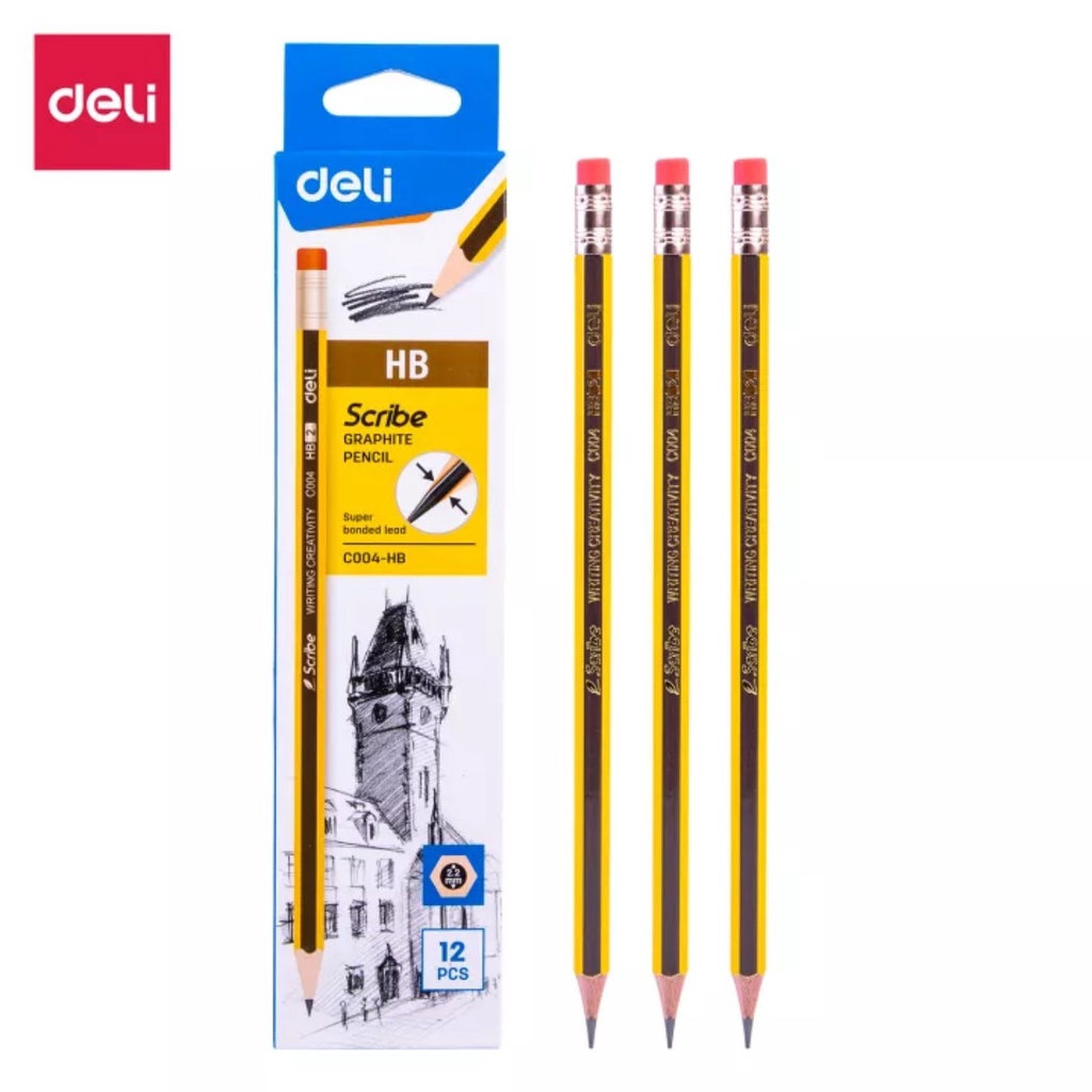 Bút chì 2B / HB Deli C004 / Viết chì có đầu tẩy