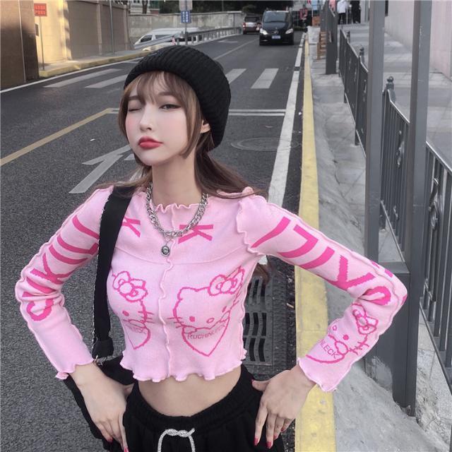 Jiashucheng Áo Sweater Dáng Ôm Ngắn Màu Hồng Phong Cách Hoạt Hình Dễ Thương Thời Trang Mùa Đông Cho Nữ
